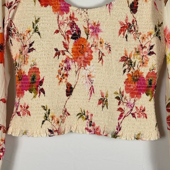 By Anthropologie Top Smocked Peplum Floral Cream Pink - M - Picture 5 of 13